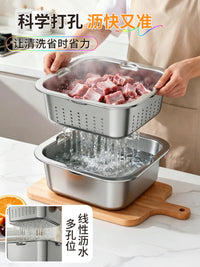Jia Bang Shou 304 Stainless Steel Colander and Basin Set, Multi-functional Rice Washer and Vegetable Strainer