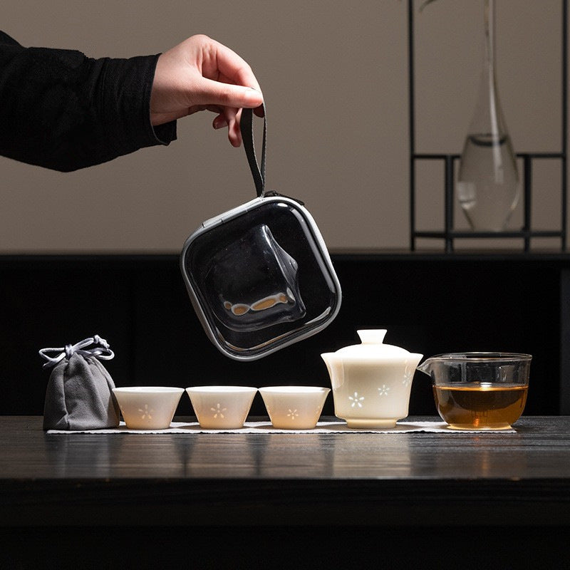 Portable Lamb Fat Jade Porcelain Travel Tea Set with Quick Cup, One Bowl, Three Cups for Outdoor Camping
