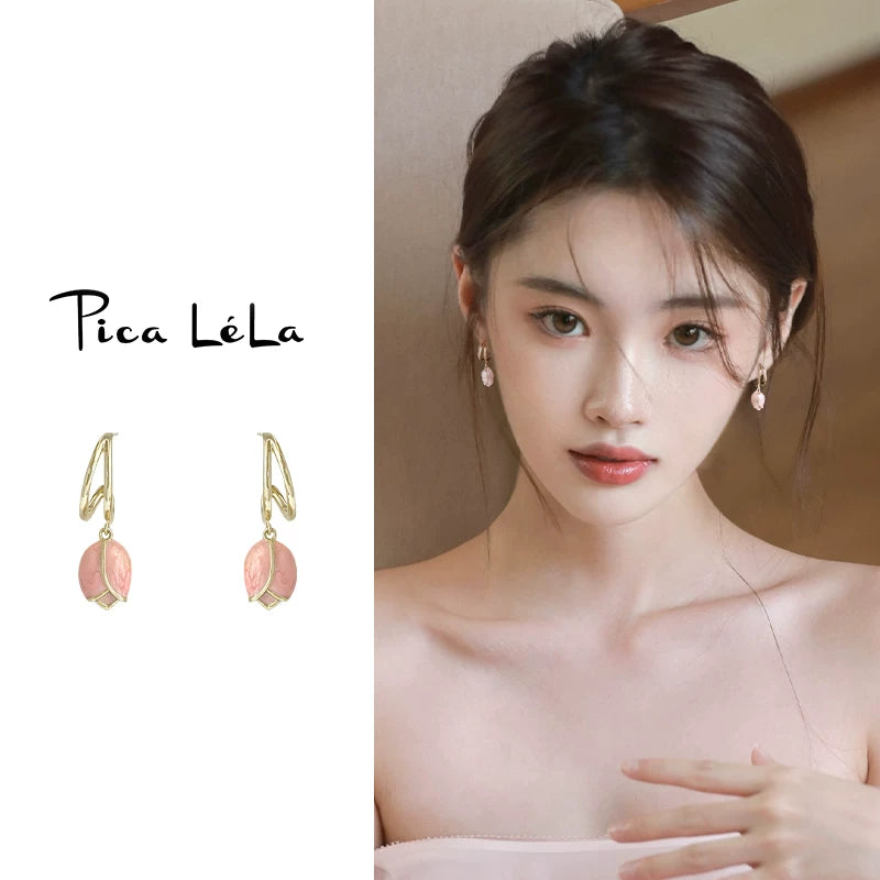 Rose Gold Pink Tulip Drop Earrings for Women, French Style S925 Silver Needle