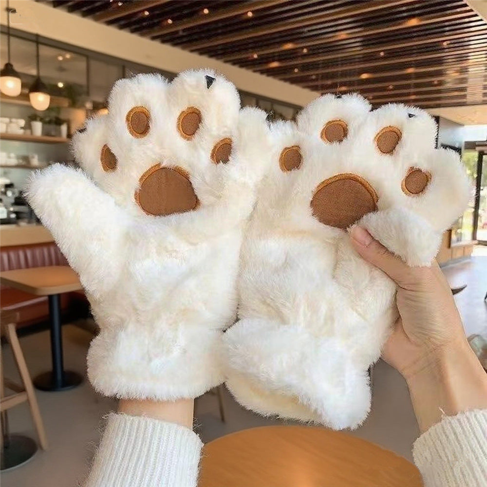 Cute Cartoon Animal Paw Plush Gloves for Women, Winter Warm Thickened Neck-Hanging Mittens for Cycling and Cold Protection