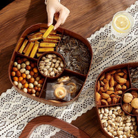 Wood Grain Snack Serving Platter with Lid, Rotating Dried Fruit and Nut Candy Box for Living Room