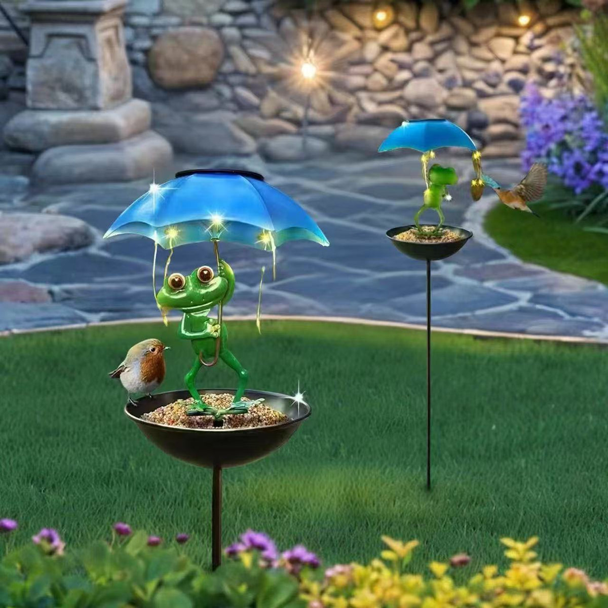 Solar-Powered Frog Bird Feeder Garden Landscape Light Outdoor Decoration Iron Art Ornament