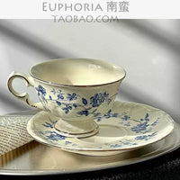 Vintage French Blue and White Porcelain Coffee Cup and Saucer Set with Gold Rim