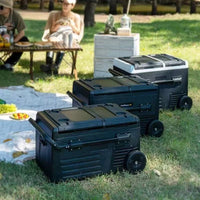 Portable Compressor Refrigerator with Wheels and Built-in Battery for RV, Camping, and Car Use