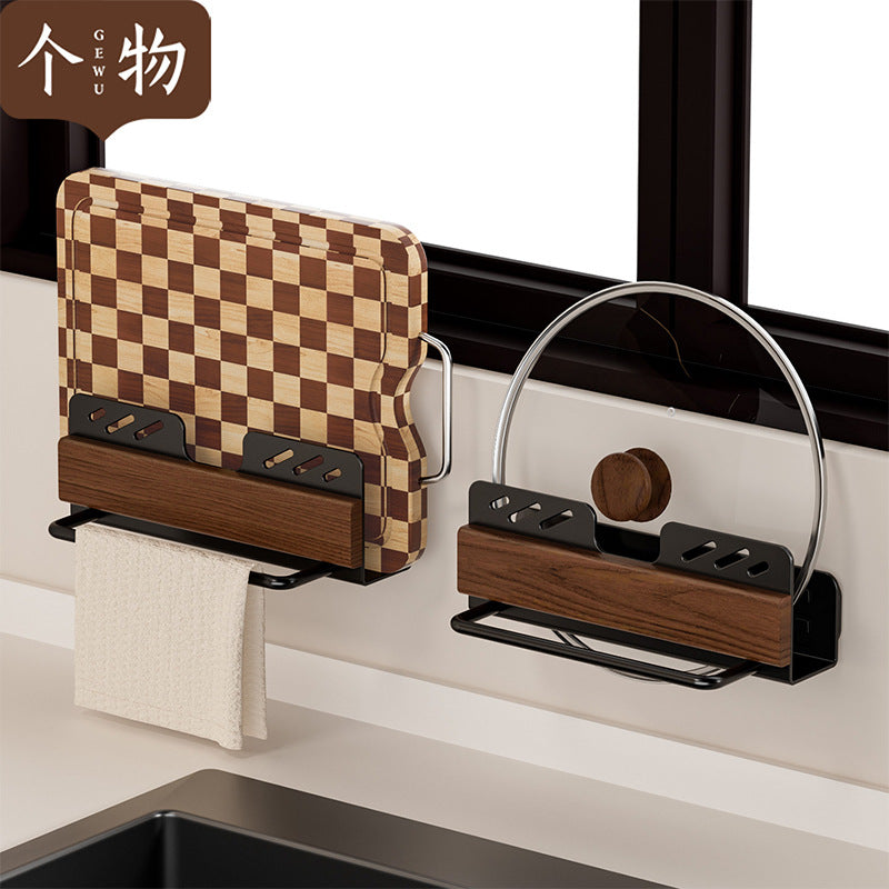 Walnut Wood Kitchen Storage Rack - No-Drill Pot Lid Holder & Cutting Board Organizer for Countertop