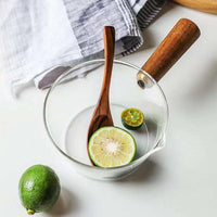 Glass Milk Pot with Acacia Wood Handle, Small Saucepan for Induction Cooktop, Gas Stove, and Open Flame