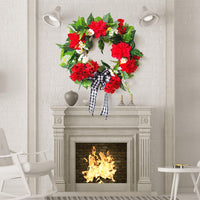 Artificial Red Geranium Wreath for Front Door Wall Decor, Spring Summer Floral Garland