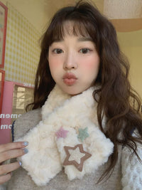 Japanese Sweet Star Plush Cross Scarf for Women, Thickened Warm Short Korean Style All-match Student Neck Warmer