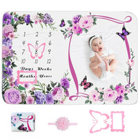 Baby Monthly Milestone Blanket with Headband & Felt Frame, Flannel Photography Background Blanket for Infant Growth