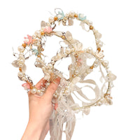 Girls' Princess Crown Headband with Pearl Flowers and Ribbons for Parties and Costumes