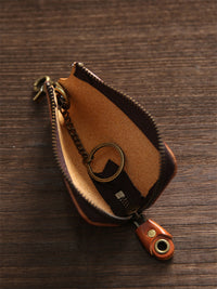 Men's Vintage Genuine Leather Car Key Holder with Zipper, Large Capacity Waist Hanging Key Case