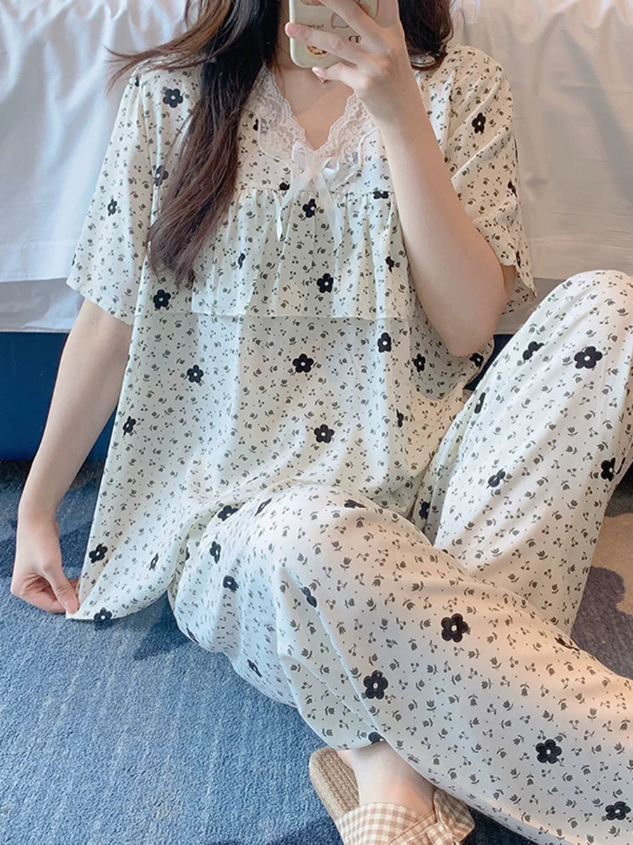 Women's Cotton Rayon Pajama Set with Built-in Bra, Short Sleeve Top & Shorts for Spring/Summer Loungewear