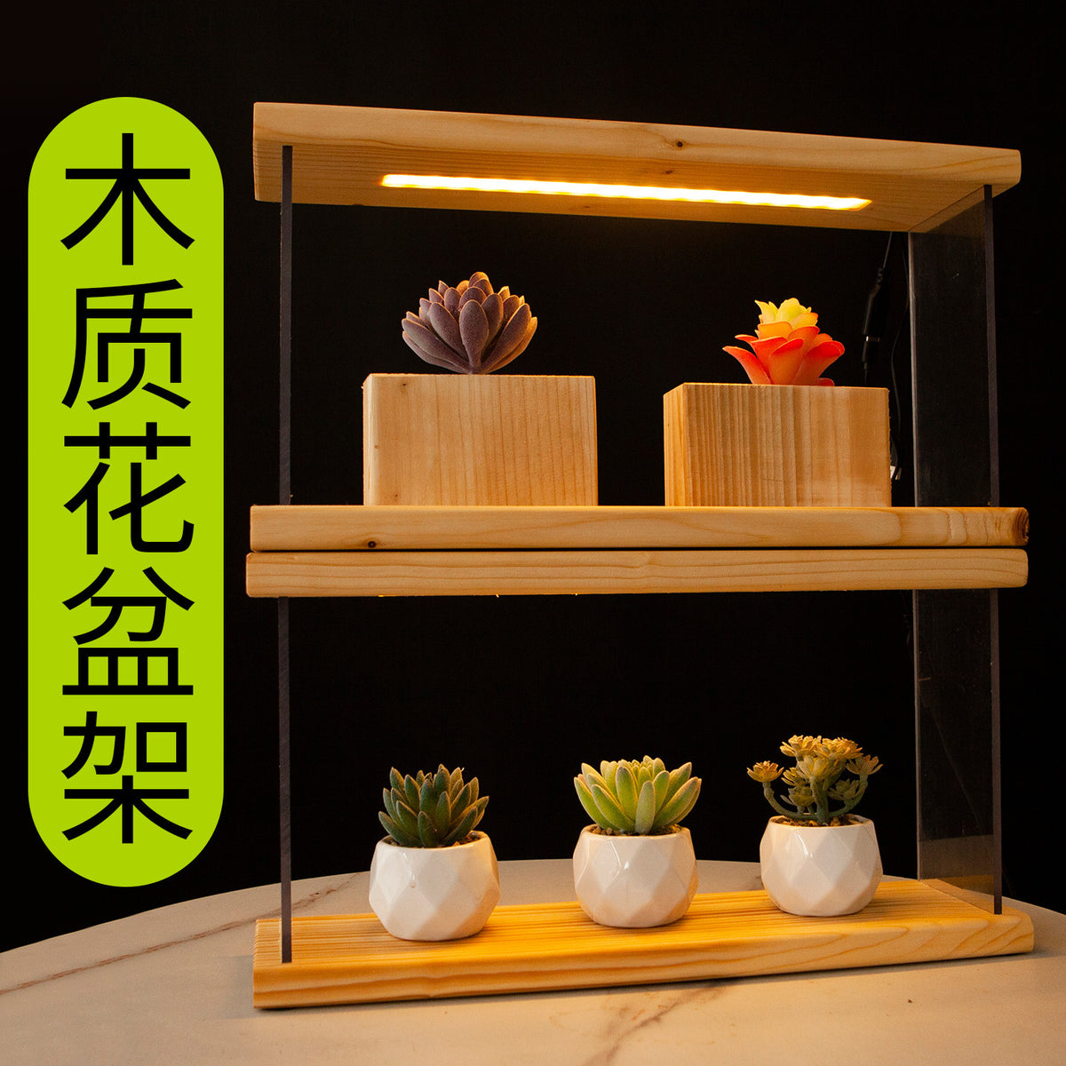 Wooden Succulent Plant Stand with Full Spectrum Grow Light for Indoor Desktop Display