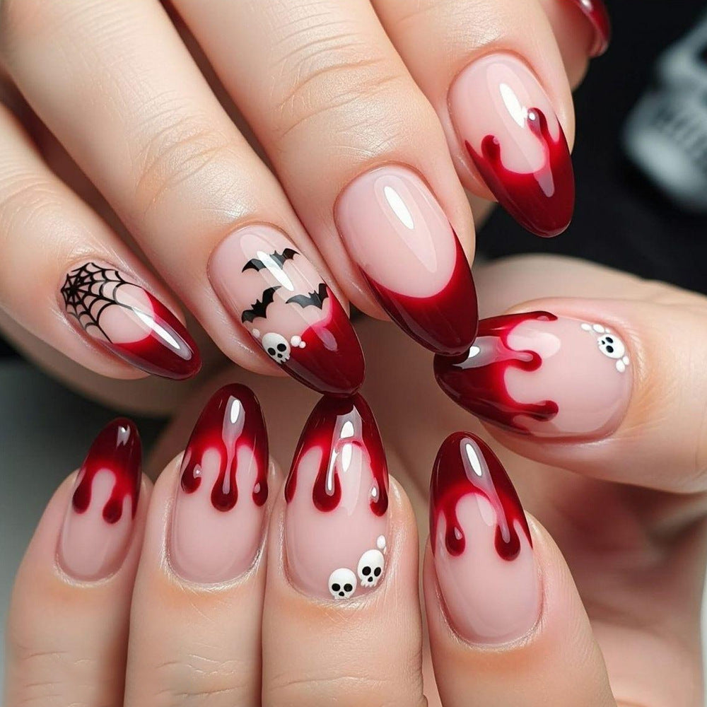 Halloween Blood Drip French Manicure Press-On Nails with Bat Design, 24pcs