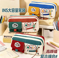 Vintage Color Block Pencil Case Multi-layer Large Capacity for Students