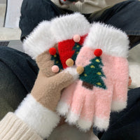 Snowflake Christmas Tree Fingerless Gloves for Women and Kids, Touchscreen Compatible, Plush Lined, Thick Warm for Winter Cycling