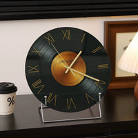 Retro Vinyl Record Desktop Clock with Stand, Italian Minimalist Tempered Glass Table Clock for Living Room Decor