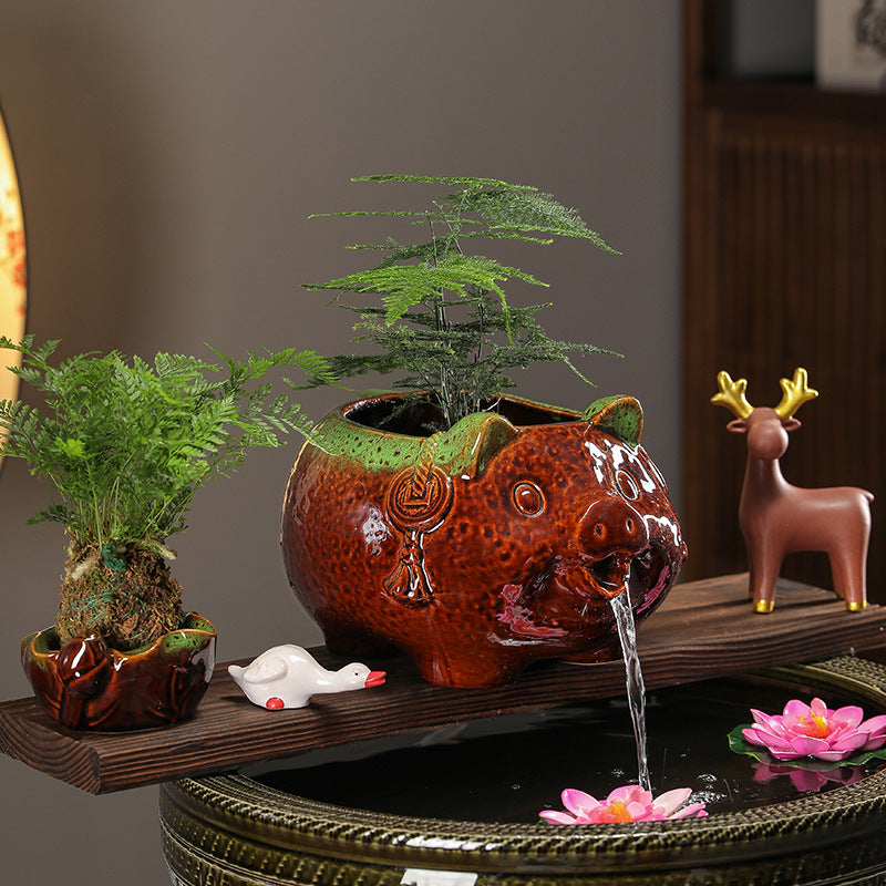 Ceramic Water Feature with Pig Figurine, Tabletop Fountain with Circulating Water, Waterfall Filter for Fish Tank Landscaping
