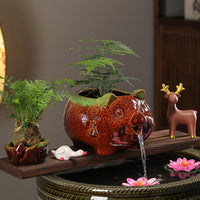 Ceramic Water Feature with Pig Figurine, Tabletop Fountain with Circulating Water, Waterfall Filter for Fish Tank Landscaping