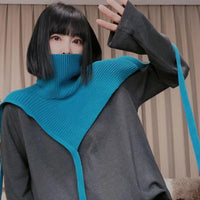 High-Neck Scarf Shawl with Ribbons, Knitted Warm Neck Warmer, Versatile Solid Color Fake Collar for Women