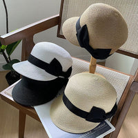 Women's Summer Bowknot Straw Sun Hat - Face-Slimming Round Top Visor for Outdoor Travel and Sun Protection