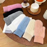 Women's Solid Color Knitted Fleece-Lined Mittens for Winter