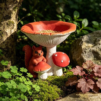 Resin Squirrel and Mushroom Bird Feeder Outdoor Garden Animal Statue