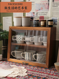 Vintage Wooden Dustproof Coffee Cup Display Cabinet with Flip Lid for Desktop Tea Set Storage
