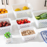 Food Storage Containers with Lids, Drainer Basket, Refrigerator Organizer for Fruits, Vegetables, Meat