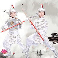 Kids Ancient Chinese General Costume White Armor Zhao Zilong Erlang Shen Soldier Performance Outfit