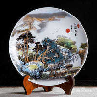 Jingdezhen Ceramic Decorative Plate with Stand, 10-inch, Hand-Painted Mountain Spring Design for Home and Office Decor