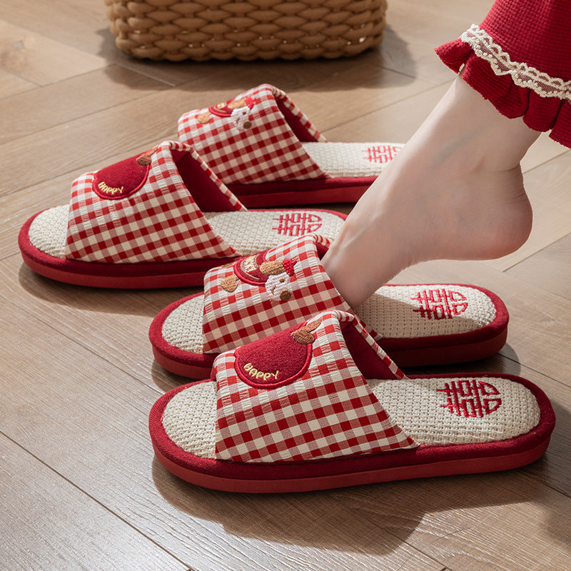 Red Wedding Slippers for Couples - Non-Slip Breathable Linen House Shoes for Bride and Groom