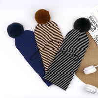 Kids' Striped Knit Beanie with Scarf Set, Winter Warm Hat with Pom-Poms