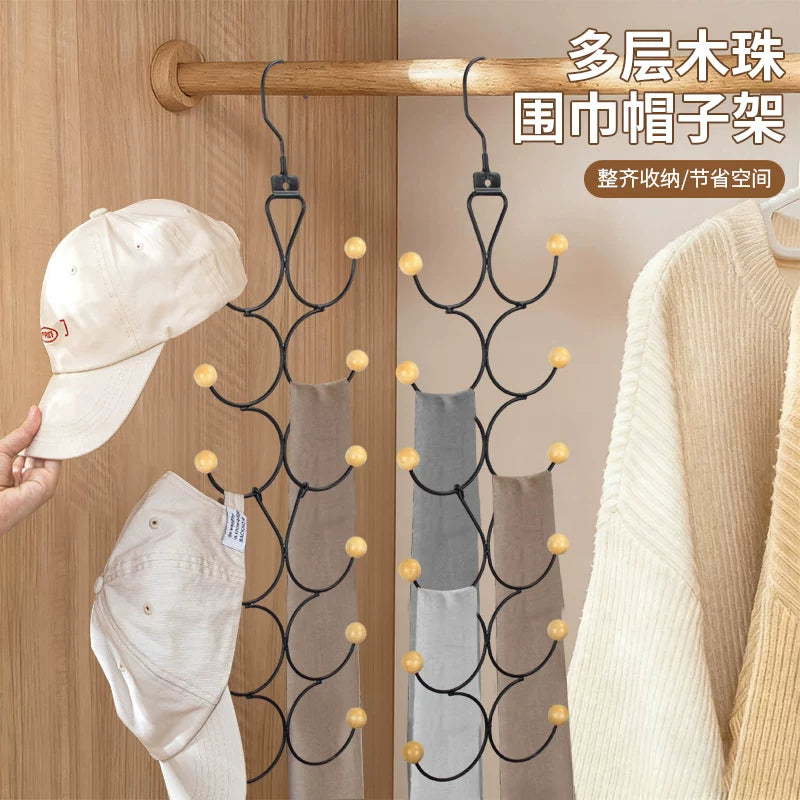 Multi-layer Wooden Bead Scarf and Hat Hanger, Foldable Iron Art Storage Rack for Scarves, Belts, and Tank Tops