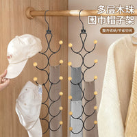 Multi-layer Wooden Bead Scarf and Hat Hanger, Foldable Iron Art Storage Rack for Scarves, Belts, and Tank Tops