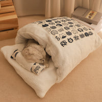Warm Cat Sleeping Bag Pet Bed for Crate Platform, Plush Thickened Mat with Cute Blanket