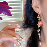 New Vintage Preserved Rose Flower Shell Pearl Tassel Earrings for Women