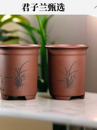 Zisha Clay Orchid Pot Round Cylindrical Planter for Cymbidium Orchids