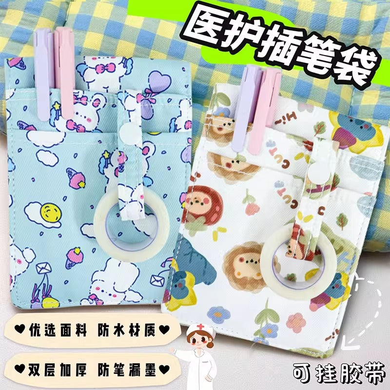 Cute Cartoon Nurse Pen Pouch with Flip Cover, Large Capacity Doctor Chest Pocket Pen Holder, Leak-Proof Pen Sleeve Clip