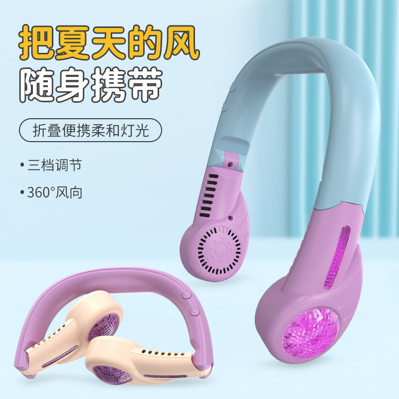 Foldable Portable USB Rechargeable Neck Fan with LED Light, 3-Speed Adjustable