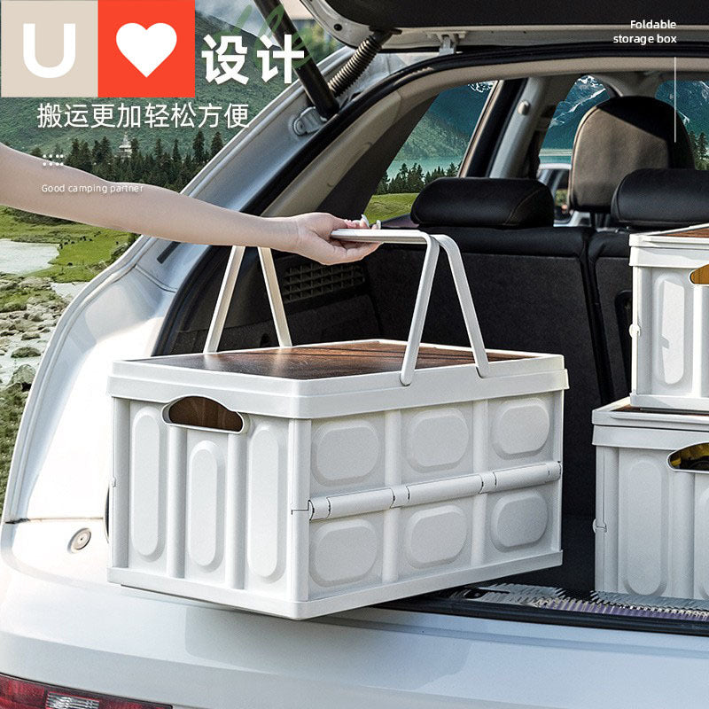 YouNai Outdoor Camping Storage Box with Wooden Lid - Foldable Car Trunk Organizer