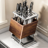 Mid-Century Style Kitchen Knife Holder with Drain Tray, Countertop Cutlery Storage Rack