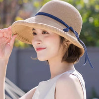 Women's Bowknot Straw Beach Sun Hat with Wide Brim