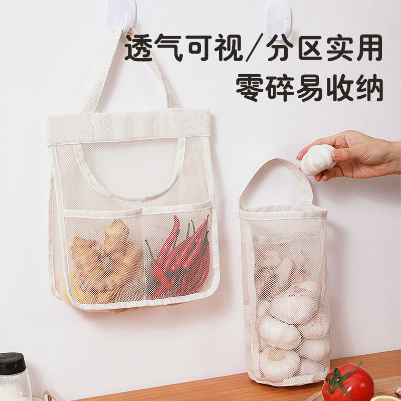 Breathable Mesh Wall-Mounted Storage Bag for Ginger, Garlic, Fruits & Vegetables - Cotton Linen, Moisture-Proof