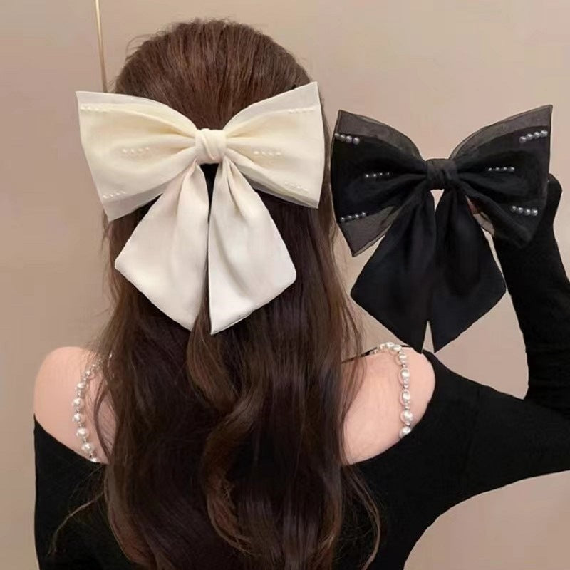 Mesh Pearl Black Bow Hair Clip for Women, Elegant Satin Top Clip Hair Accessory