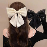 Mesh Pearl Black Bow Hair Clip for Women, Elegant Satin Top Clip Hair Accessory