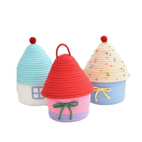 Hand-Woven Cotton Rope House-Shaped Storage Basket with Lid for Home Decor