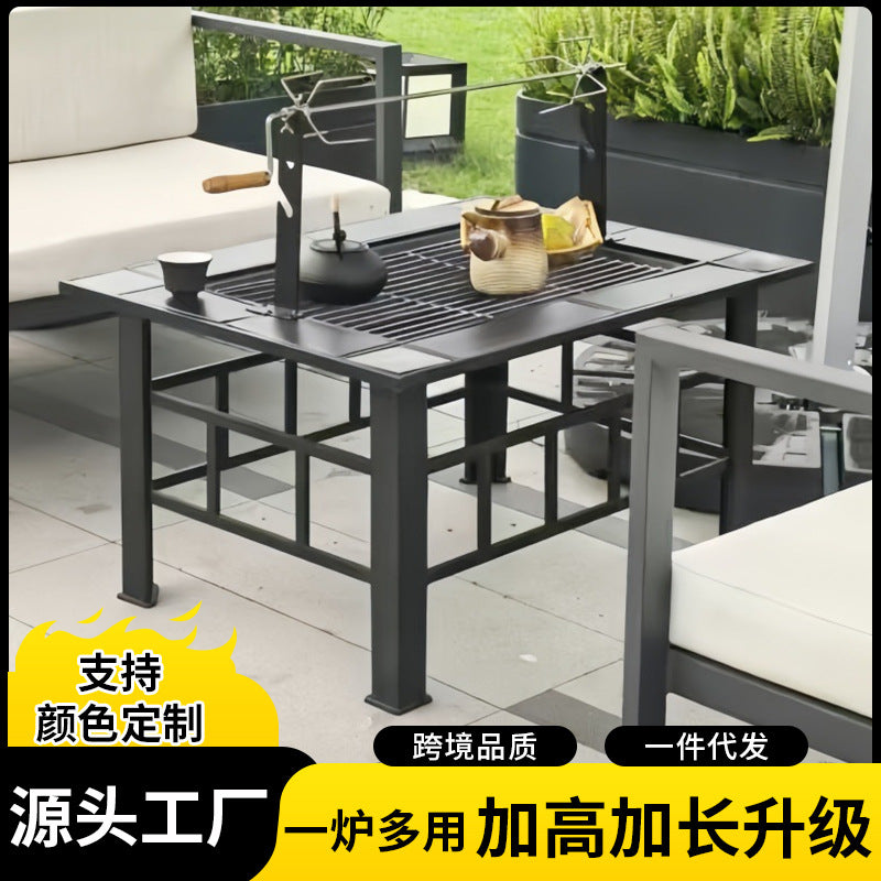 Outdoor Patio Fire Pit BBQ Grill Table Set with Adjustable Height for Home Garden