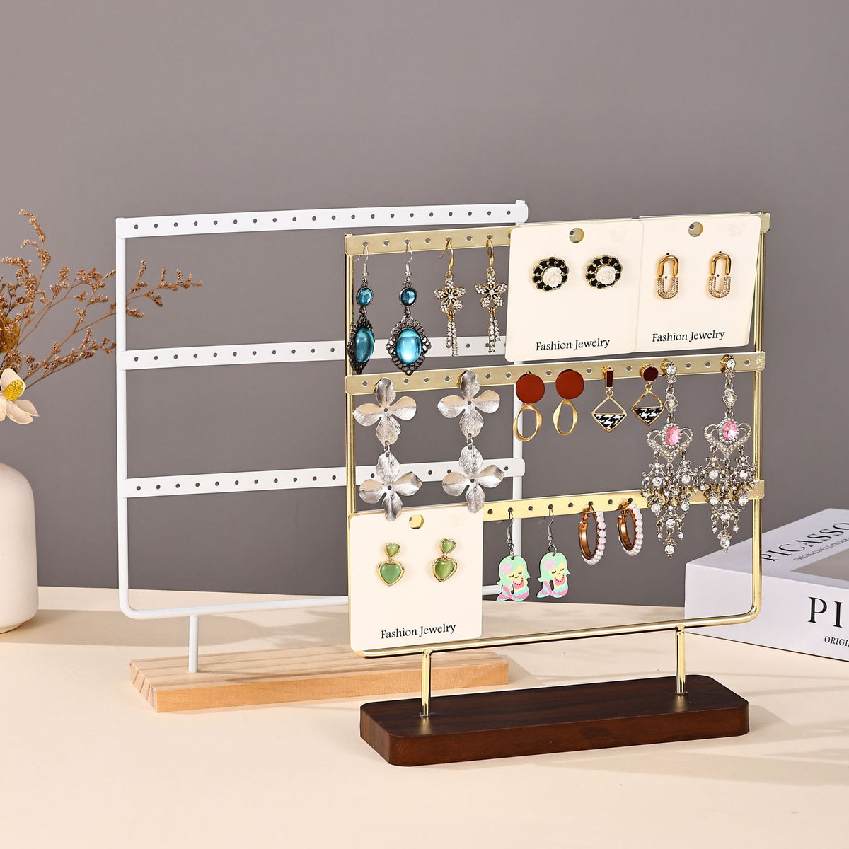 Walnut Wood & Metal 3-Tier Earring Display Stand Jewelry Organizer