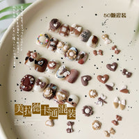 50-Piece Mixed Nail Art Charms Set - Cartoon Resin Bows, Flowers, Hearts in Brown Tones
